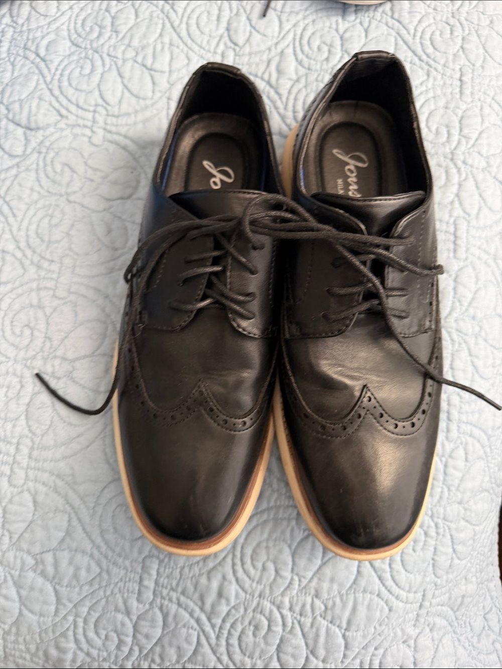 Jones New York Black Leather Brogue Derby Oxfords with Tan Sole